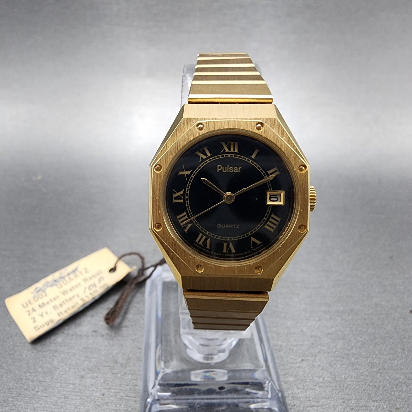 Pulsar Watch Women 24mm Black Dial Gold Tone Date Round Y6420030 New Batt NOS2
