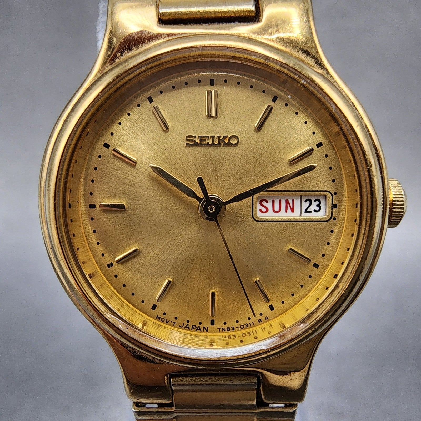 Seiko Watch Women 24mm Gold Dial Gold Tone Daydate Round 7N830141 New Battery1