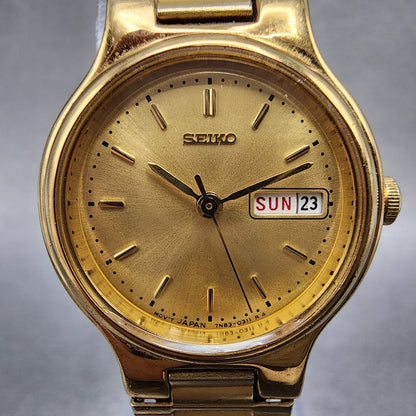 Seiko Watch Women 24mm Gold Dial Gold Tone Daydate Round 7N830141 New Battery1