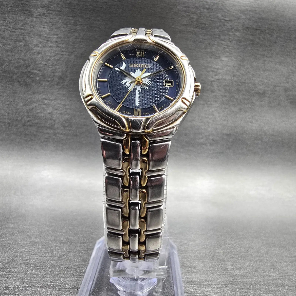 Seiko Watch Women 26mm Blue Dial Two Tone Date Round 7N82-0AT0 New Battery5
