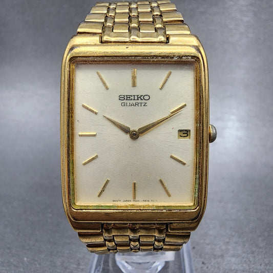 Seiko Tank Watch Men 27mm Champagne Dial Gold Tone Date 7n29-5b29 New Battery