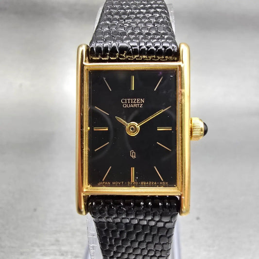 Citizen CQ Watch Women 15mm Black Dial Gold Tone Rectangle 3220 New Battery VTG0