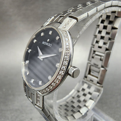 Movado Faceto Watch Women 25mm black Dial Steel Diamonds Round 605586 New Batt