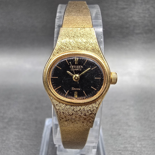 Citizen Seven Watch Women 19mm Black Dial Gold Oval 2030-205316 New Battery JP210