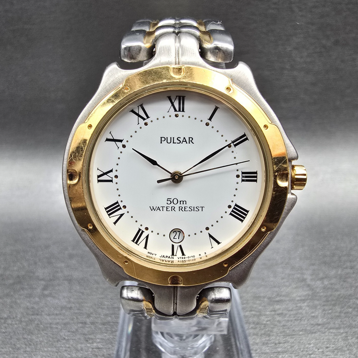 Seiko Pulsar Watch Men 36mm White Dial Two Tone Date Round V732-0060 New Battery0
