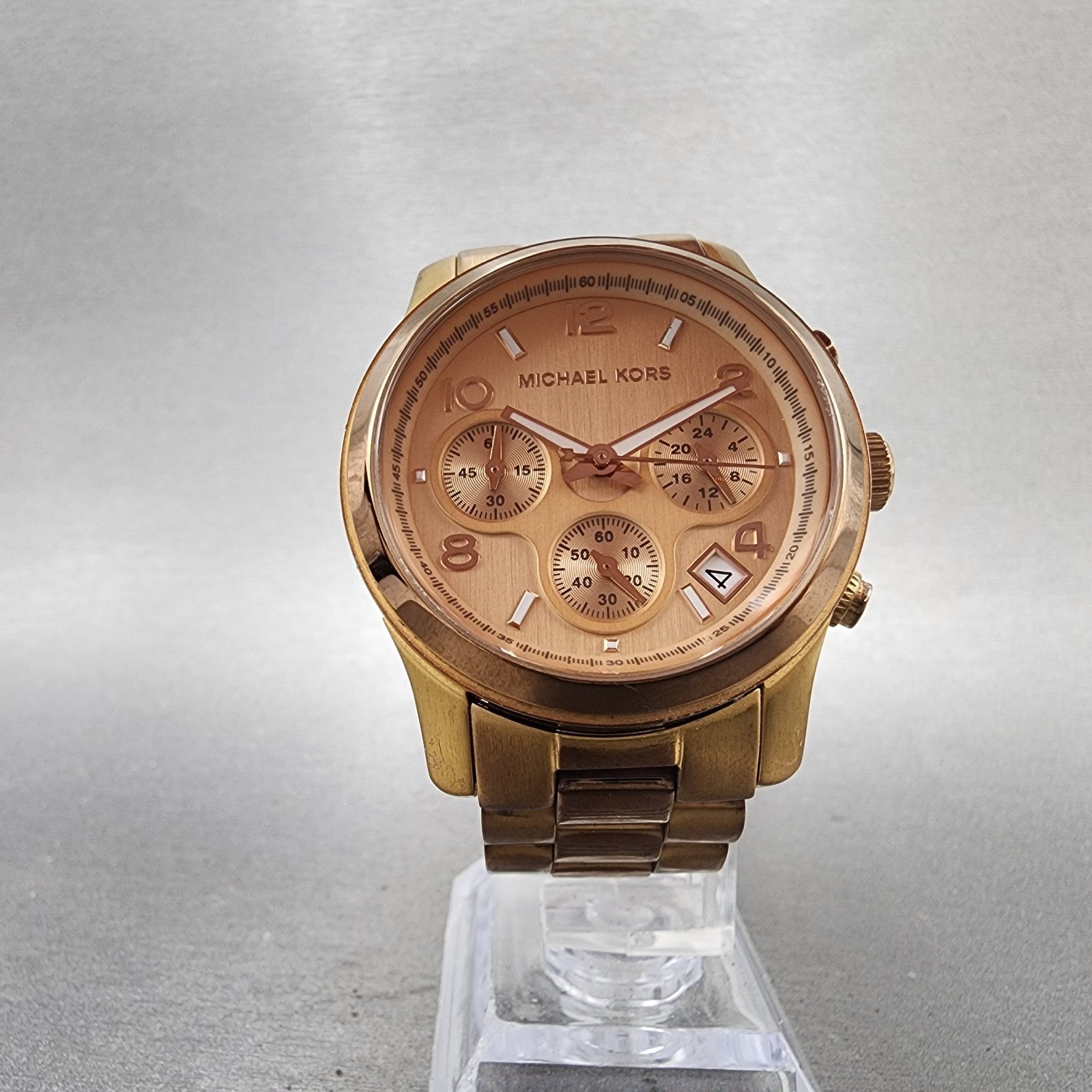 Michael Kors Runway Chronograph Watch Women 38mm Rose Dial Rose Gold Tone NewBat5
