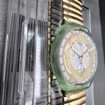 Swatch Chrono Golden Globe Watch Men 37mm Gold Dial Green Case SCG100 NewBat NOS5