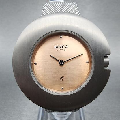 Boccia Titanium Watch Women 34mm Pink Dial Gray Case Round Mesh Band New Battery