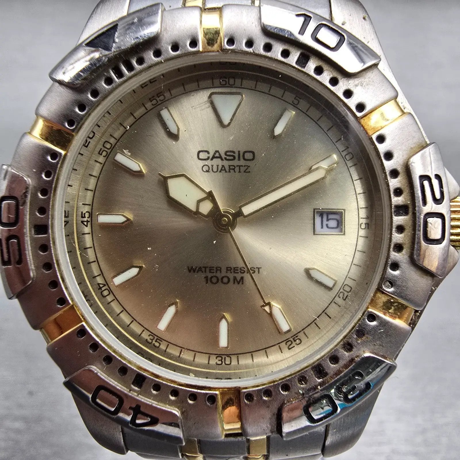 Casio Watch Men 38mm Champagne Dial Two Tone Date Round MTD-1020 New Battery1