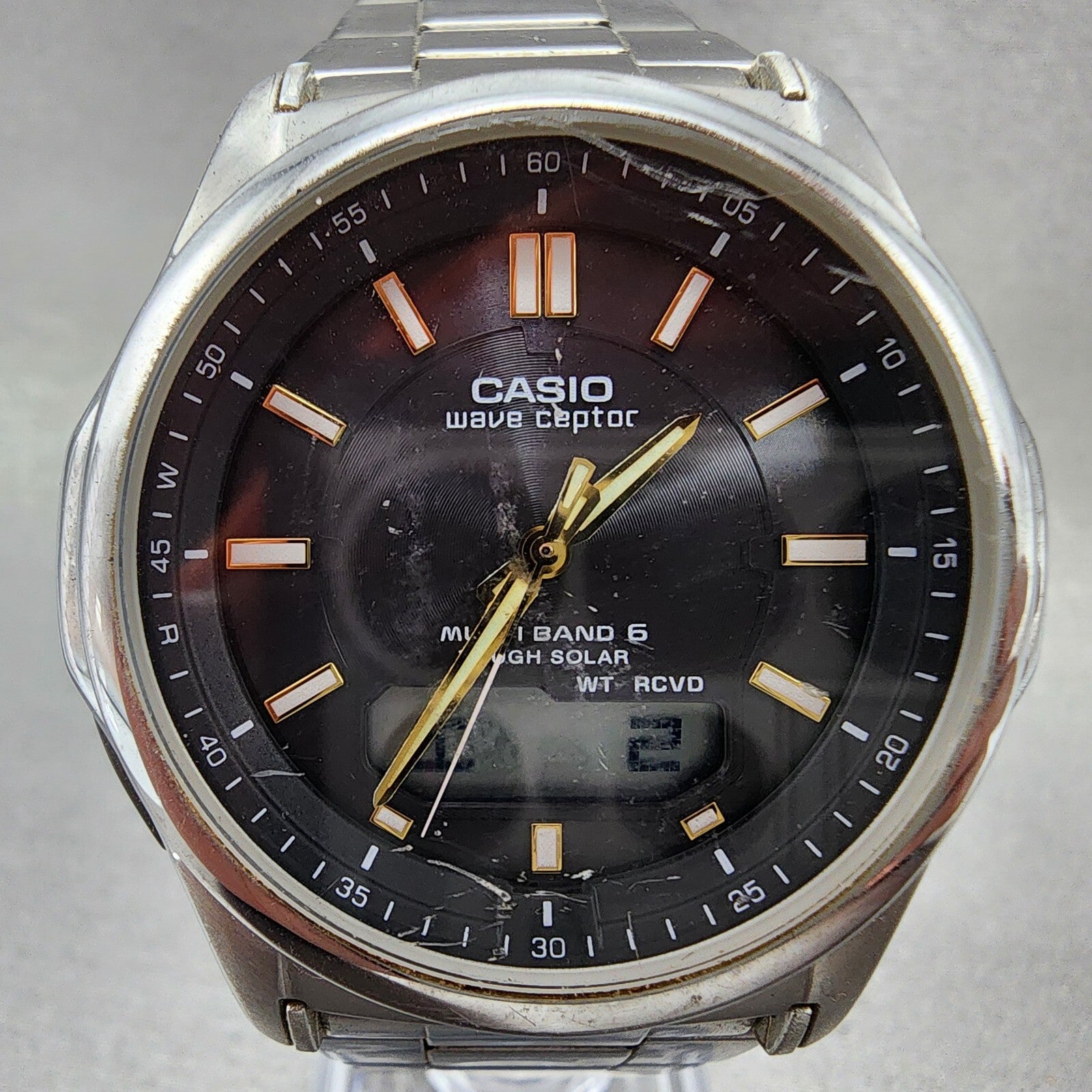 Casio Wave Ceptor  Watch Men 42mm Black Dial Steel Analog Digital Solar Runs1