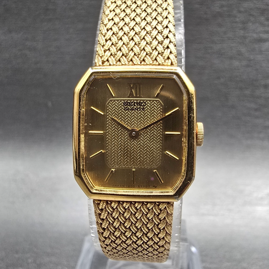 Seiko Tank Watch Women 18mm Gold Dial Gold Tone Rectangle 1400-8089 New Battery0