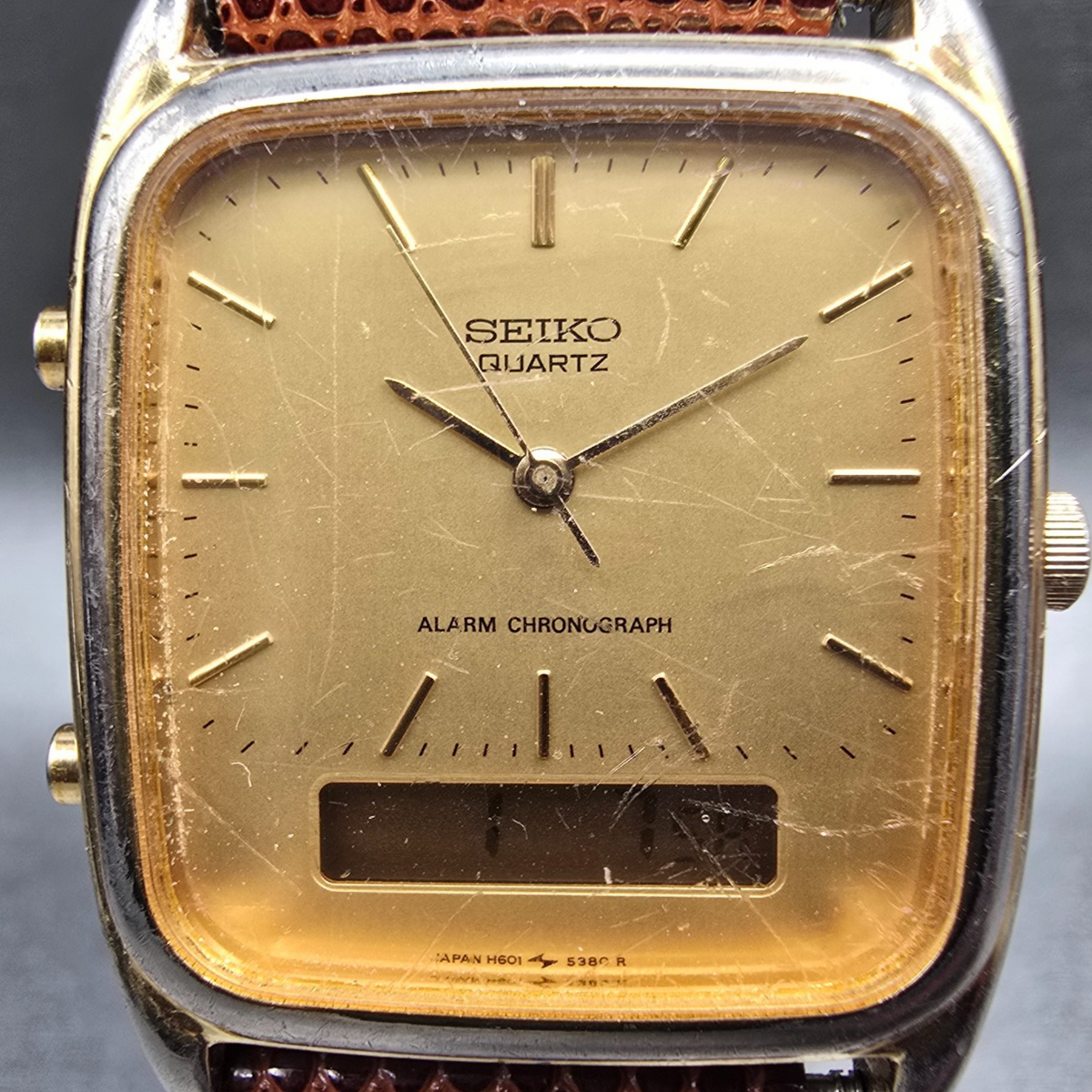 Seiko Watch Men 29mm Gold Dial Gold Tone Chrono Alarm H601-5430 New Battery1