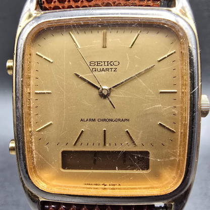 Seiko Watch Men 29mm Gold Dial Gold Tone Chrono Alarm H601-5430 New Battery1
