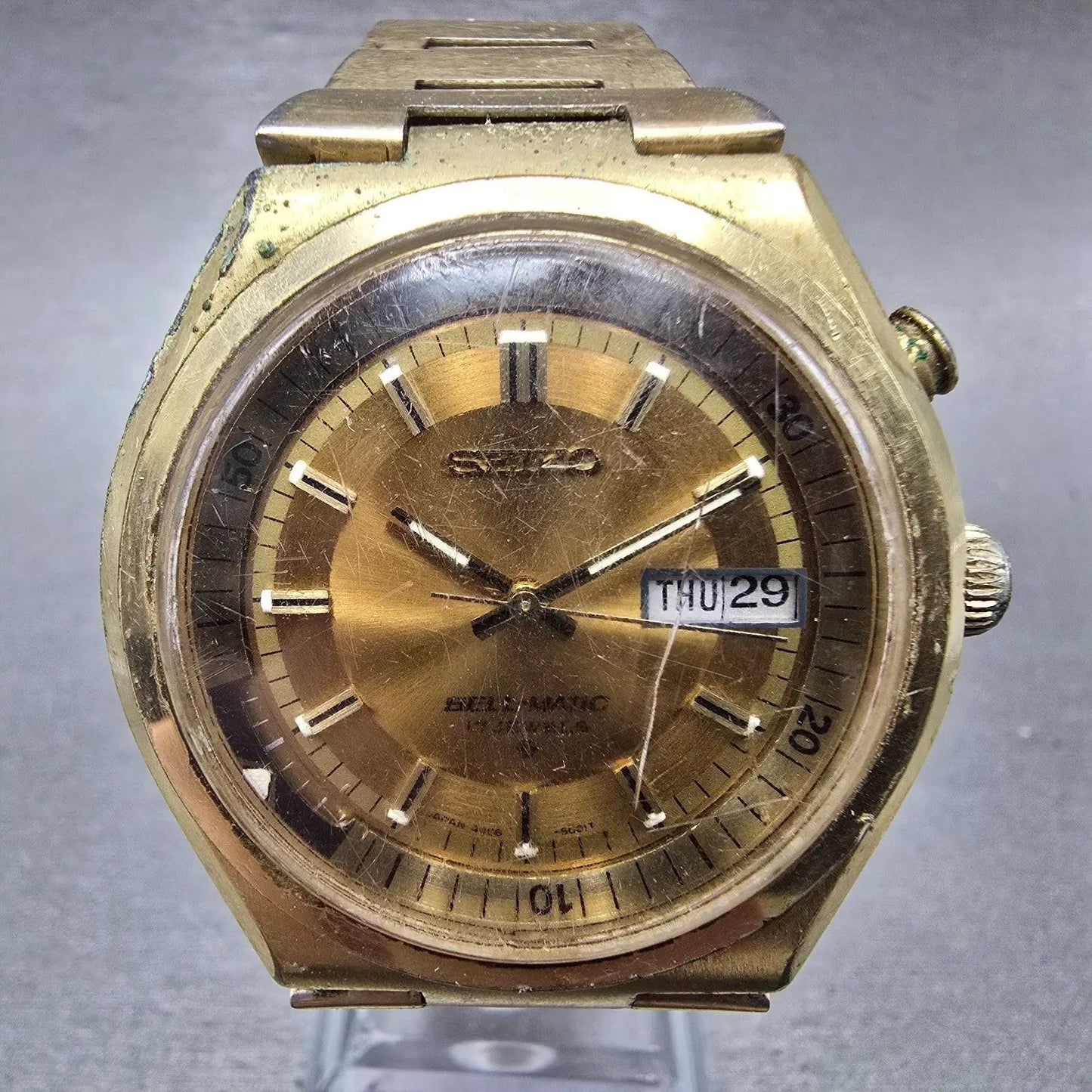 Seiko Bell-Matic Watch Men 39mm Gold Dial Gold Tone Daydate 4006-6049 Runs0