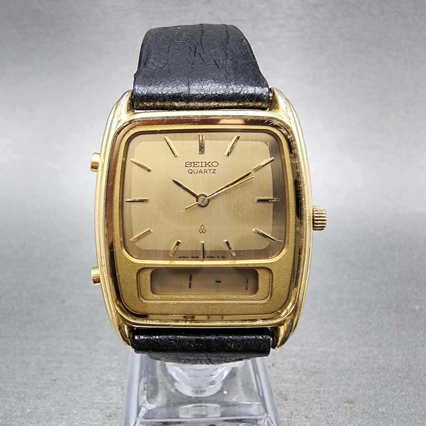 Seiko analog Digital Watch Men 30mm Champagne Dial Gold Tone H449-5060 New Batt