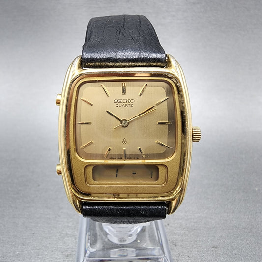 Seiko analog Digital Watch Men 30mm Champagne Dial Gold Tone H449-5060 New Batt
