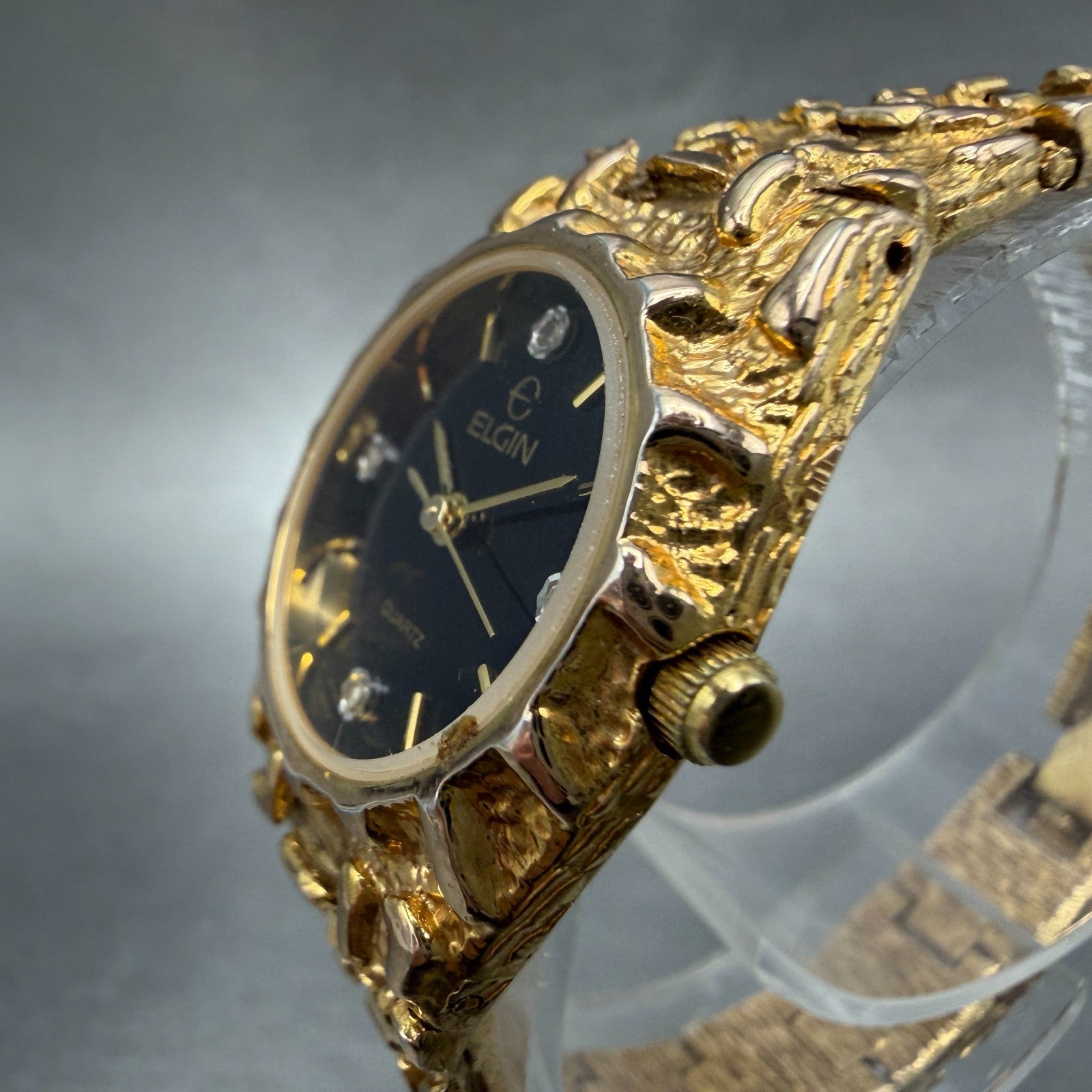 Elgin Watch Women 25mm Black Dial Gold Nugget Case Tone New Battery VTG ABC2