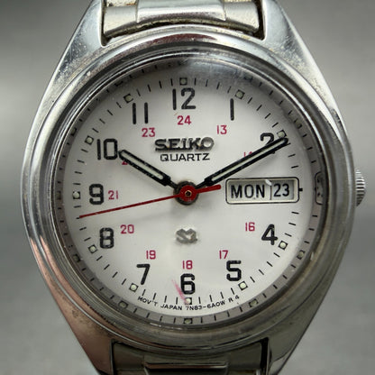 Seiko SQ Watch Women 24mm White Dial Silver Tone Daydate Round 7N83-6A09 New Bat1