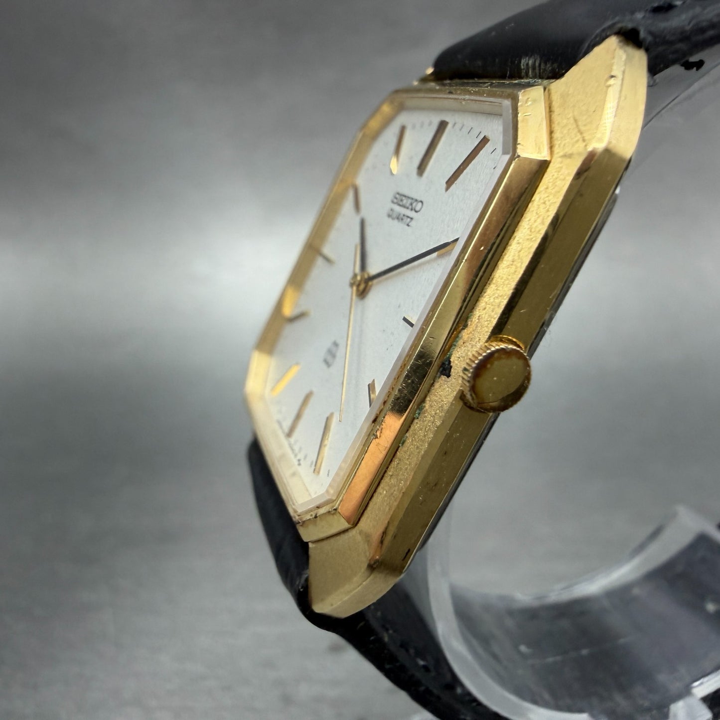 Seiko Tank Watch Men 30mm White Dial Gold Tone Octagon 9721-5040 New Battery2