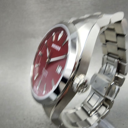 Movado Datron Watch Men 40mm Red Dial Silver Tone Date Automatic Round 36501943
