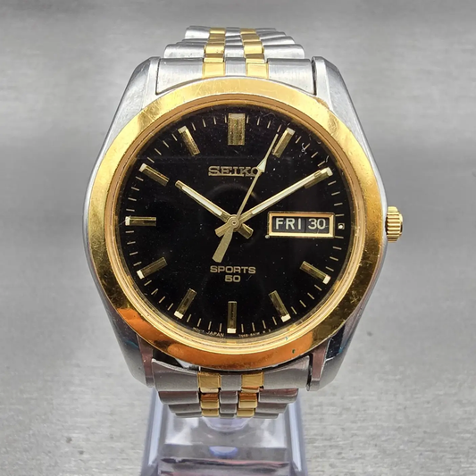 Seiko Sports 50 Watch Men 37mm Black Dial Two Tone Daydate 7N48-8A00 New Battery0