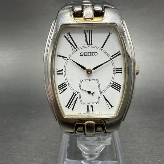 Seiko Tank Watch Men 30mm White Dial Two Tone Vintage 7N07-5020 New Battery0
