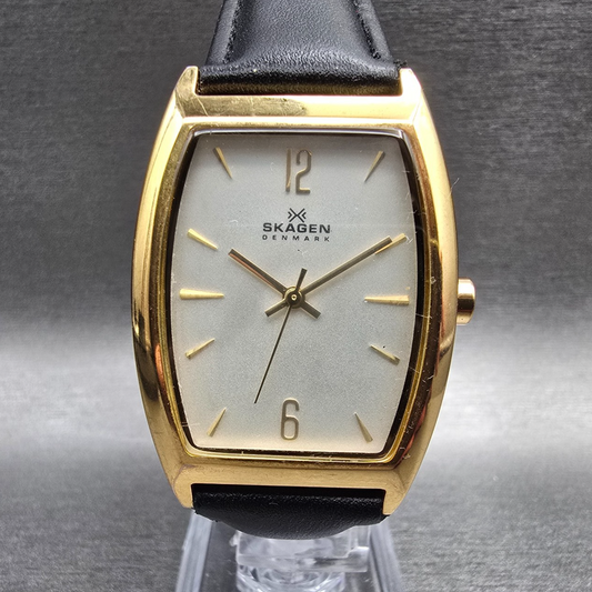 Skagen Watch Men 29mm White Dial Gold Tone Tonneau 181LGLW New Battery0