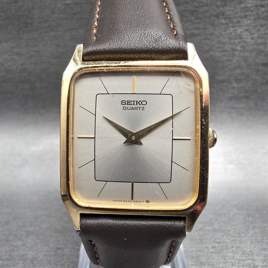 Seiko Tank Watch Men 26mm Silver Dial Gold Tone Rectangle 6530-5500 New Battery0