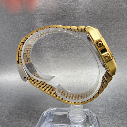 Casio A159 Watch Men 33mm Digital Gold Tone Hexagon Alarm Chrono New Battery8