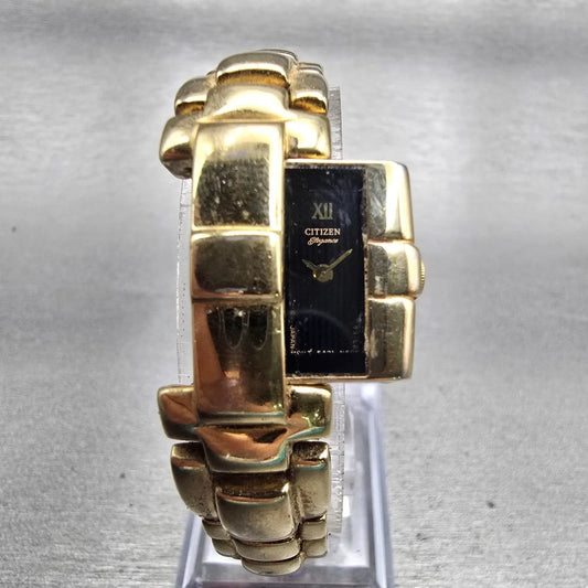 Citizen Elegance Hide Away Watch Women 16mm Black Dial Gold Tone New Battery  jI0