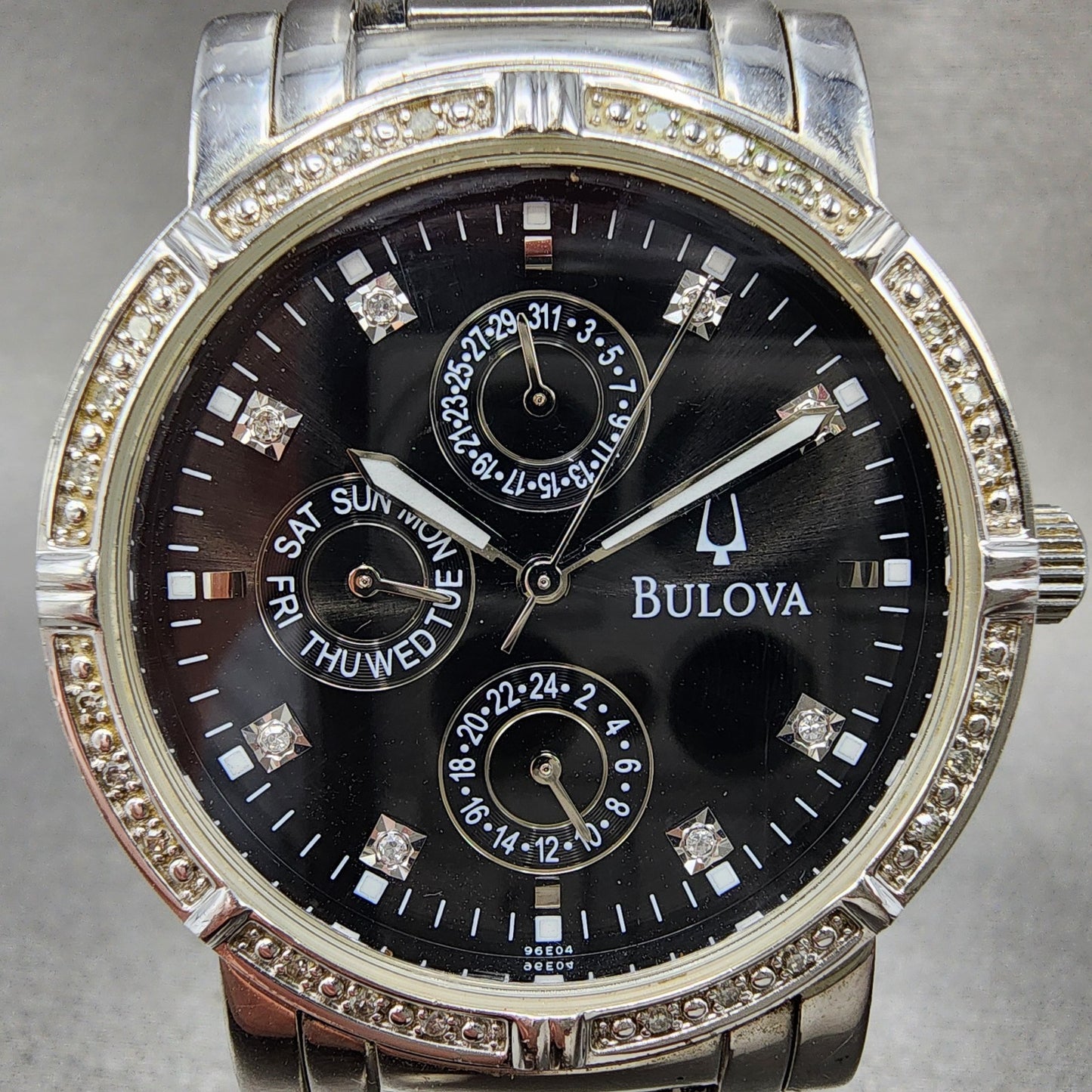 Bulova Watch Men 39mm Black Dial Silver Tone Daydate Round Diamonds 96E04 NewBat1