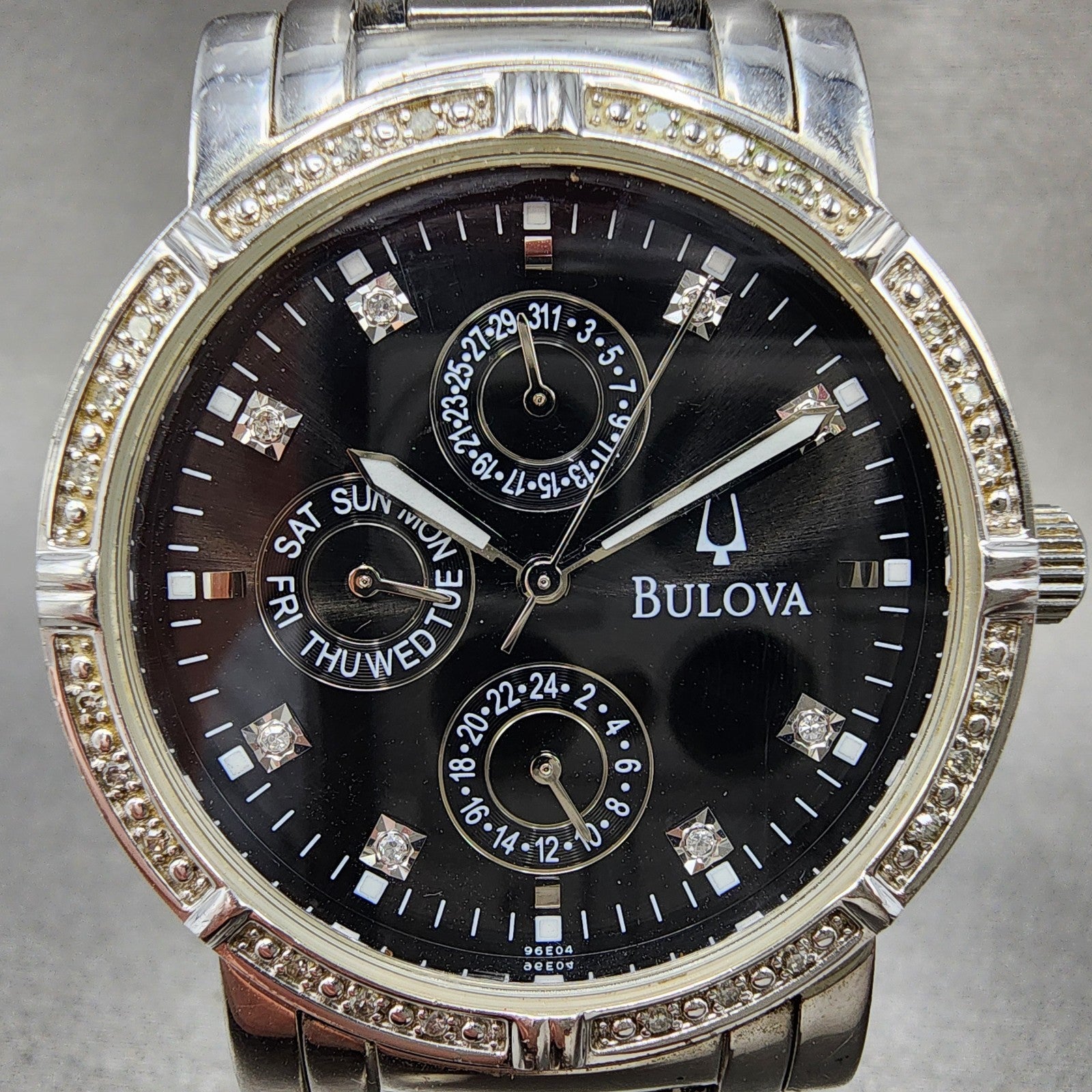 Bulova Watch Men 39mm Black Dial Silver Tone Daydate Round Diamonds 96E04 NewBat1