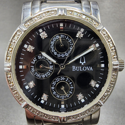Bulova Watch Men 39mm Black Dial Silver Tone Daydate Round Diamonds 96E04 NewBat1