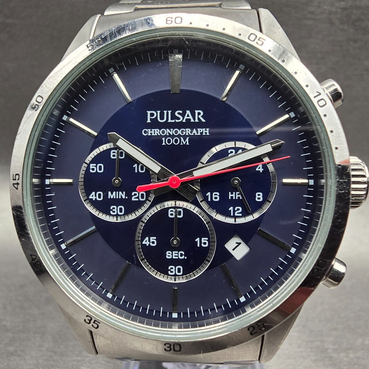 Pulsar Chronograph Watch Men 42mm Blue Dial Silver Tone Date VD53-X001 New Batt1