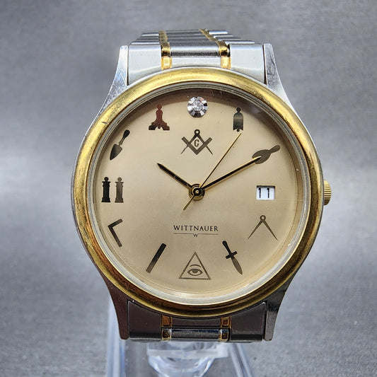 Wittnauer Masonic Watch Men 33mm Champagne Dial Two Tone Date Round New Battery0