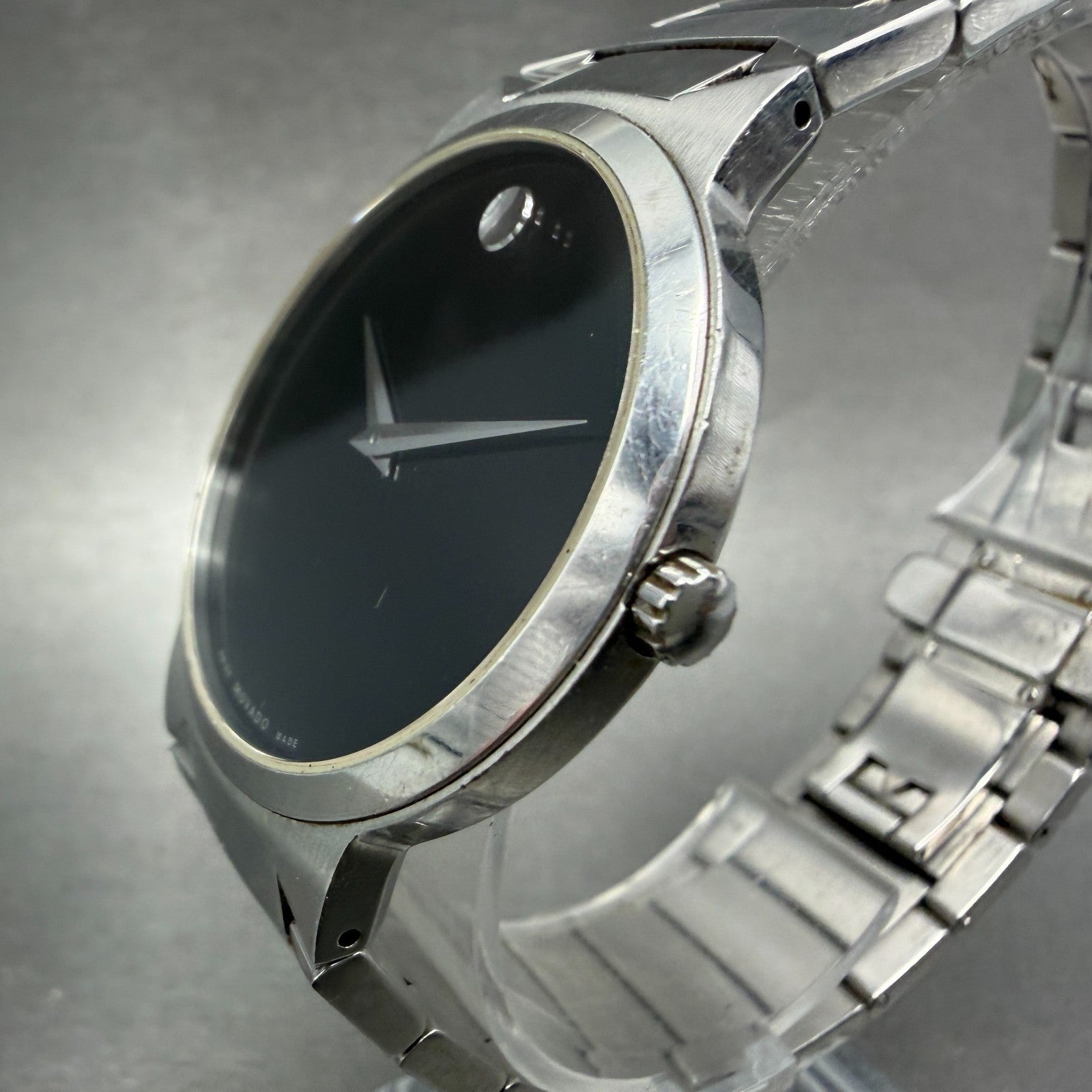 Movado Temo Watch Men 38mm Black Dial Steel Round 0607292 New Battery2
