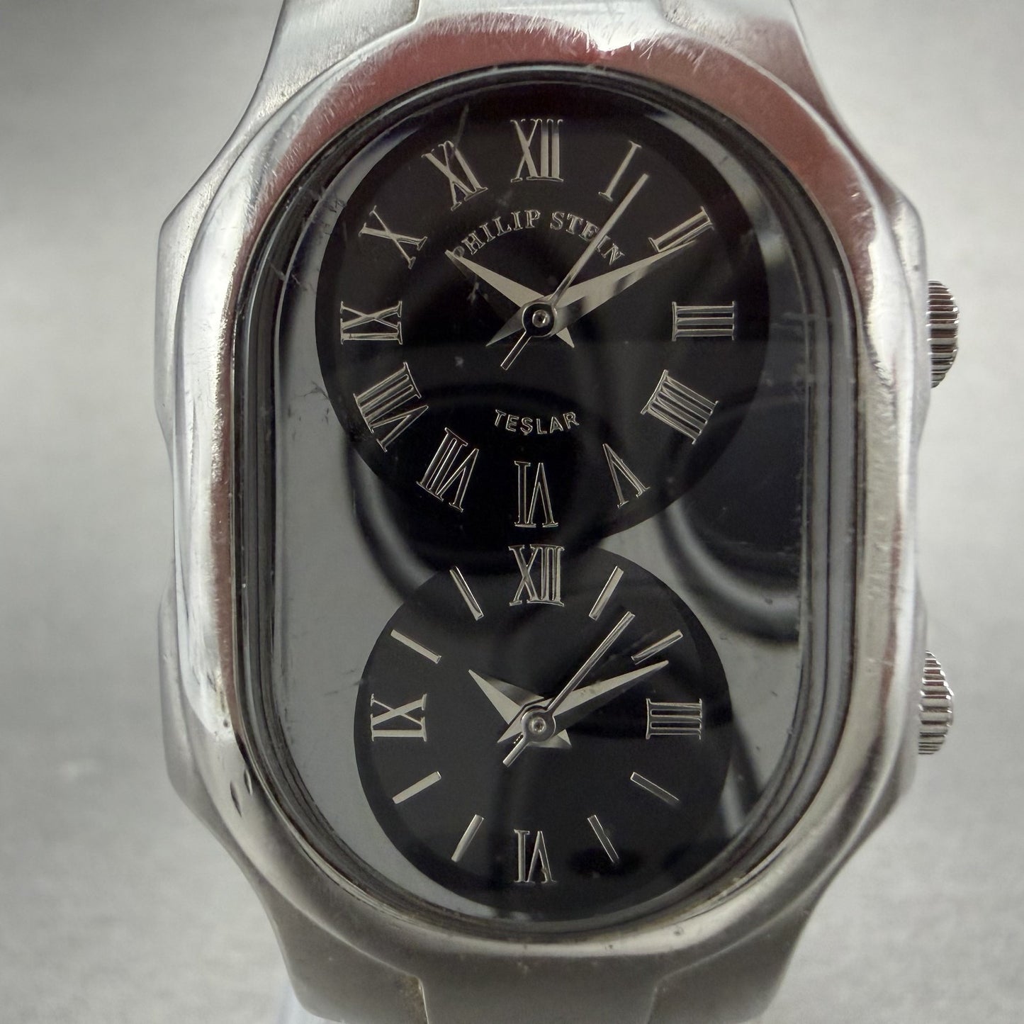Philip Stein Teslar Watch Women 27mm Black Dial Steel Dual Time Oval New Battery1