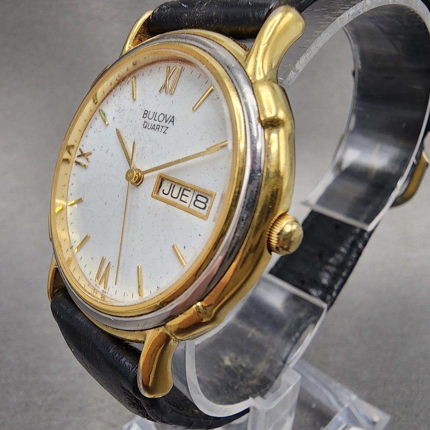 Bulova Watch Men 35mm White Dial Gold Tone Daydate Round 98C01 VTG New Battery2