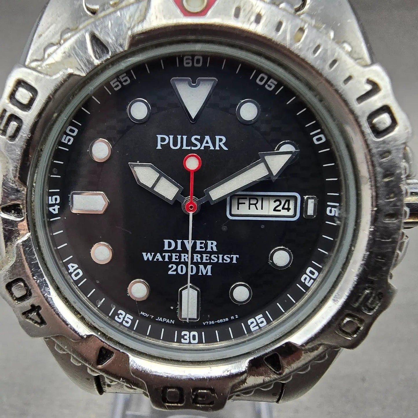Seiko Pulsar Dive Watch Men 40mm Black Dial Steel READ! Daydate V736-6A60 NewBat2