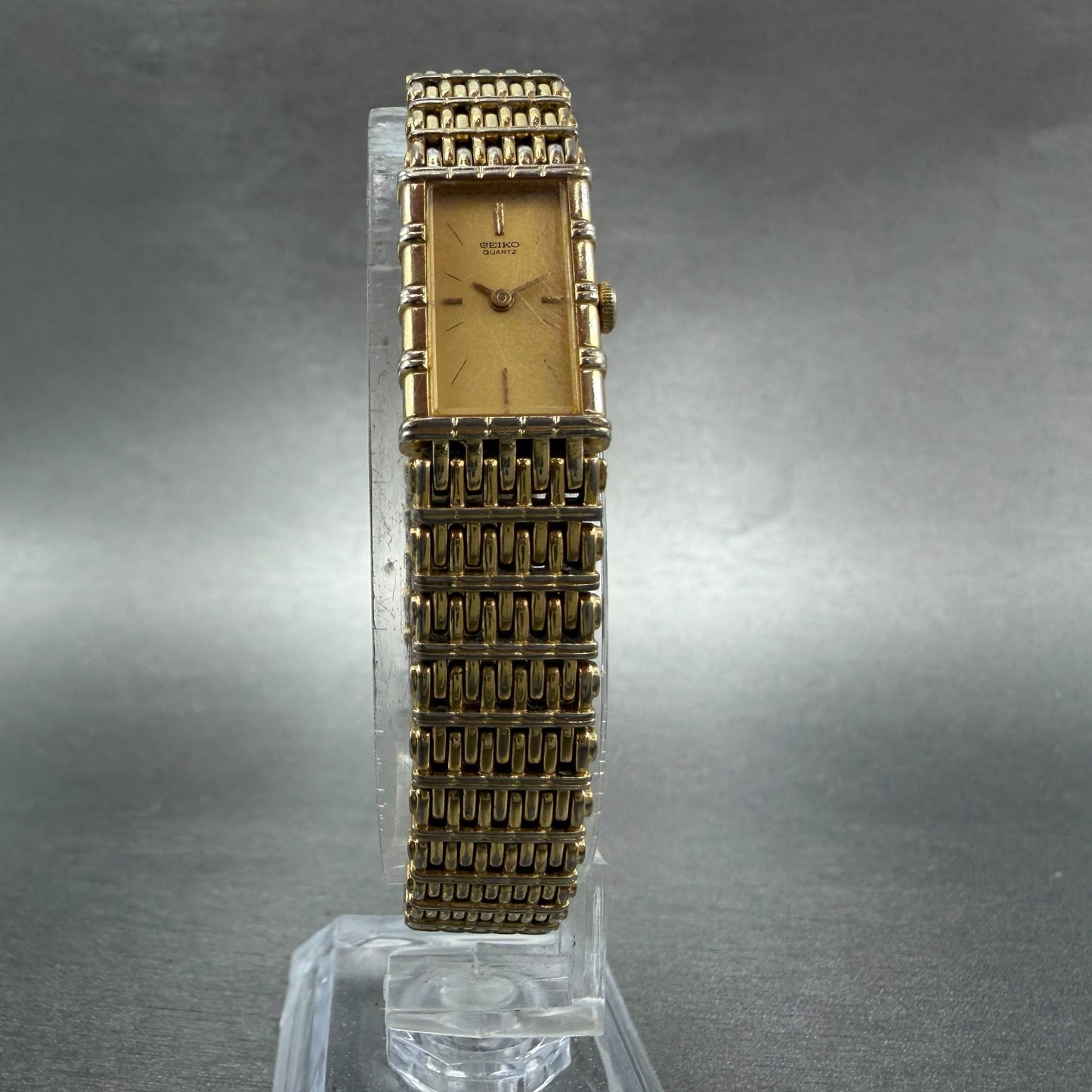 Seiko Tank Watch Women 12mm Champagne Dial Gold Tone 2e20-5079 New Battery HN47