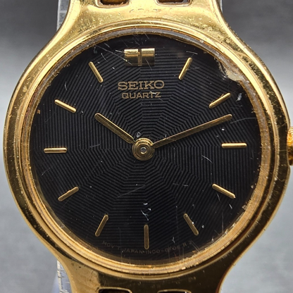 Seiko Watch Women 22mm Black Dial Gold Tone Round 1N00-0A99 New Battery VTG JP1