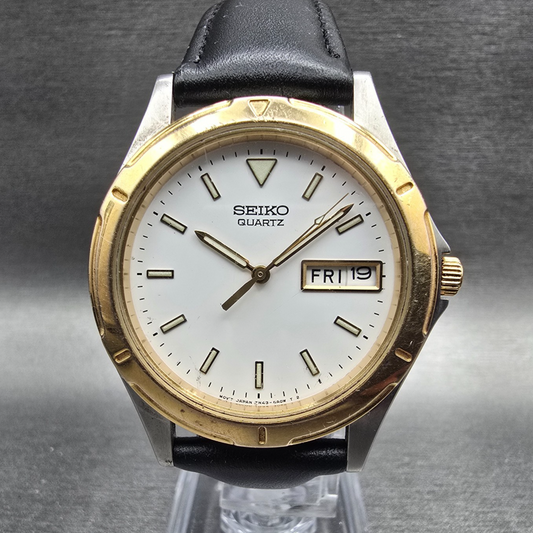 Seiko Watch Men 35mm White Dial Two Tone Daydate Round 7N43-6A09 New Battery0