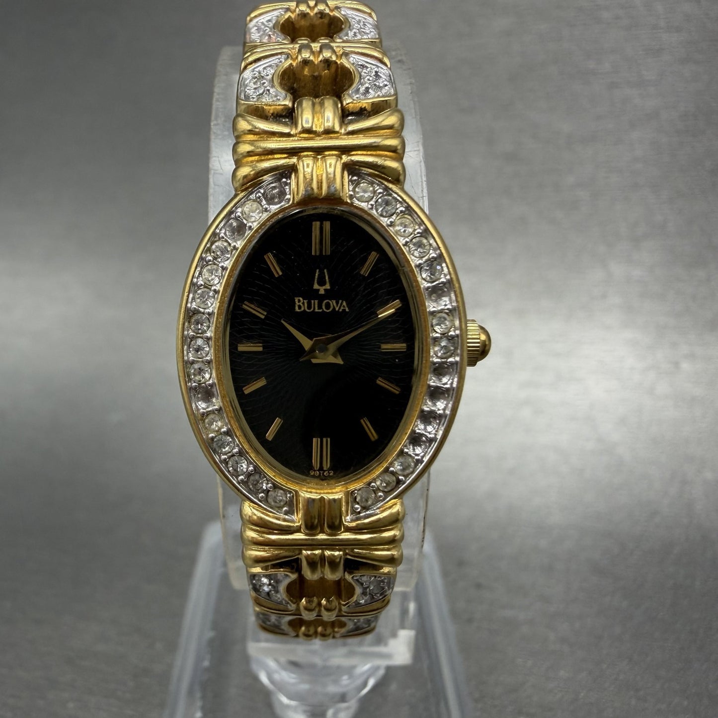 Bulova Crystal Watch Women 18mm Black Dial Gold Tone Crystal Bezel New Battery0