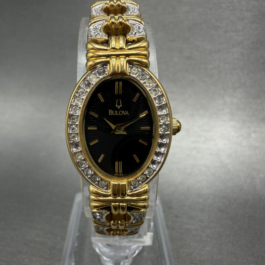 Bulova Crystal Watch Women 18mm Black Dial Gold Tone Crystal Bezel New Battery0