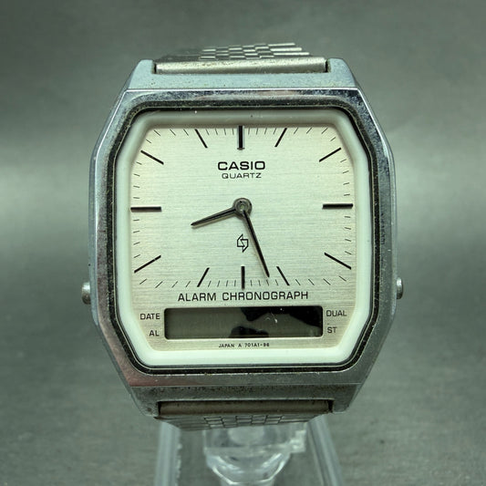 Casio Analog Digital Watch Men 32mm Silver Dial Silver Tone Alarm AQ-200 PARTS0
