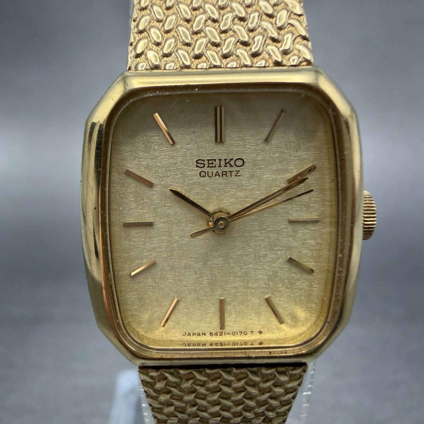 Seiko Watch Women 19mm Champagne Dial Gold Tone Rectangle 5421-5060 New Batt H9S1