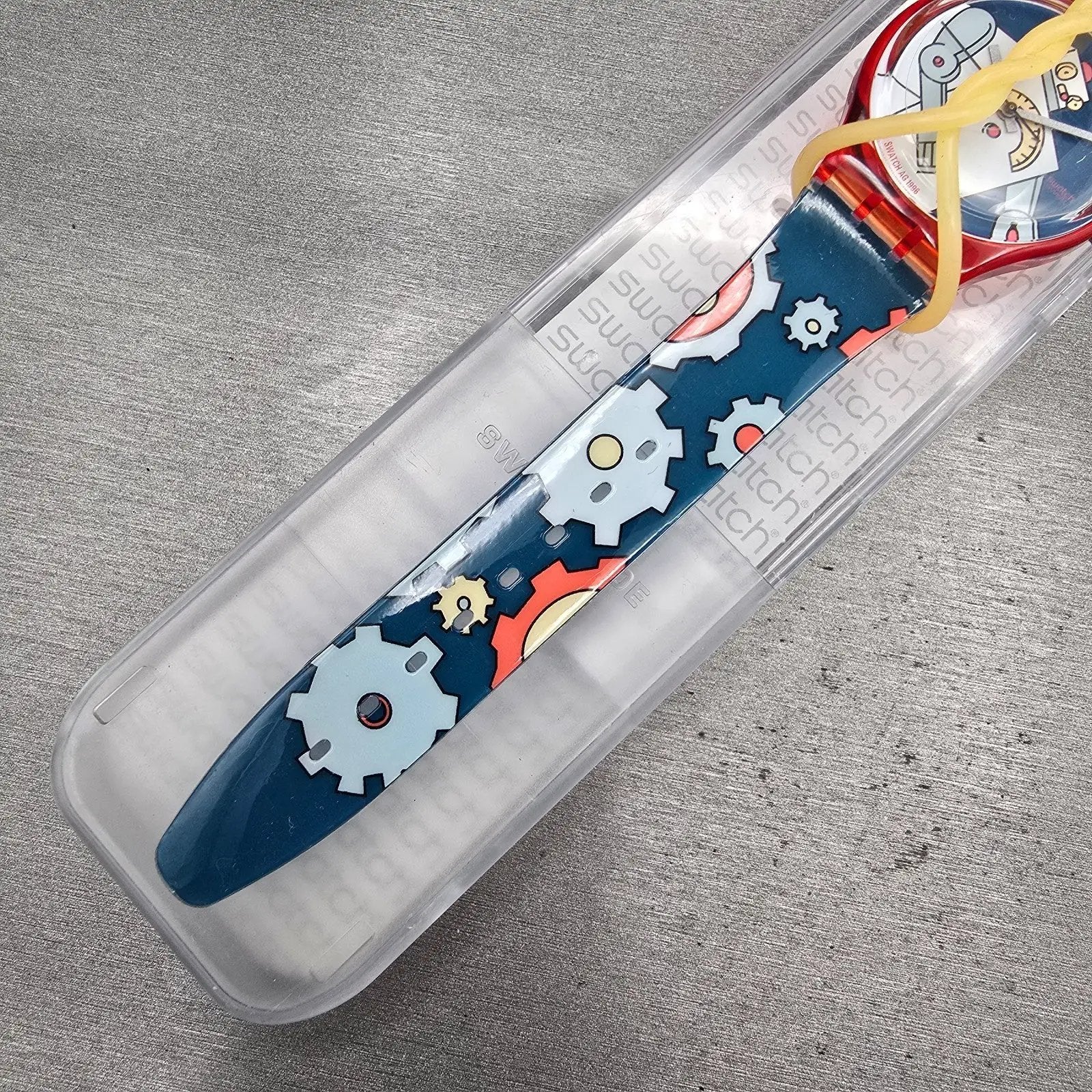 Swatch Gent Roboboy Watch Men 34m Blue Dial Red Case Round GR135 New Battery VTG5