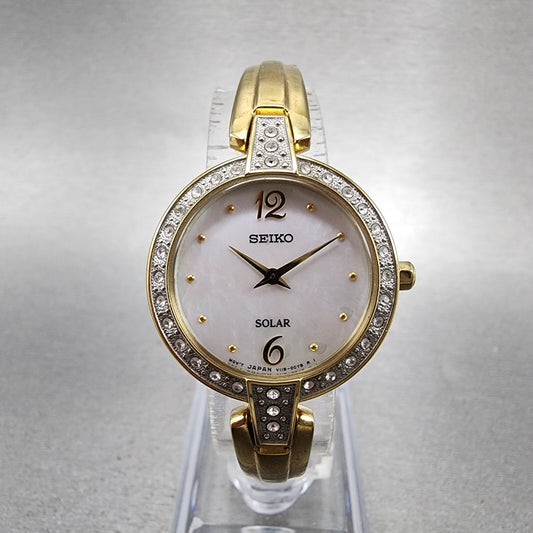 Seiko Solar Watch Women 27mm MOP Dial Gold Tone Round V115-0BM0 Runs