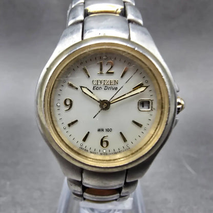 Citizen Eco-Drive Watch Women 25mm White Dial Two Tone Date E011-S039967 Works P0