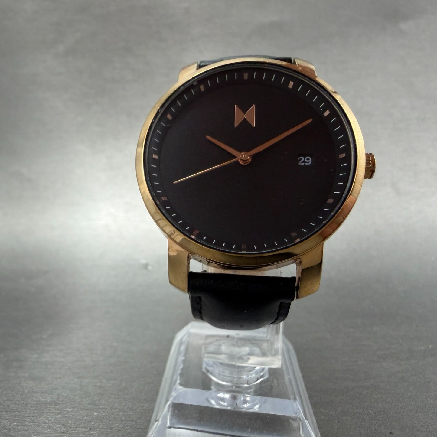 MVMT Boulevard Watch Women 38mm Black Dial Rose Gold Tone Date Leather New BattA5